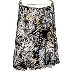 Chicos Womens Midi Skirt Size 2 US L Black White Gold Abstract Cotton Artsy